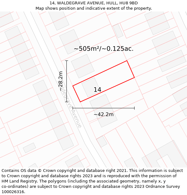 14, WALDEGRAVE AVENUE, HULL, HU8 9BD: Plot and title map