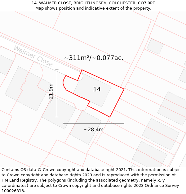 14, WALMER CLOSE, BRIGHTLINGSEA, COLCHESTER, CO7 0PE: Plot and title map