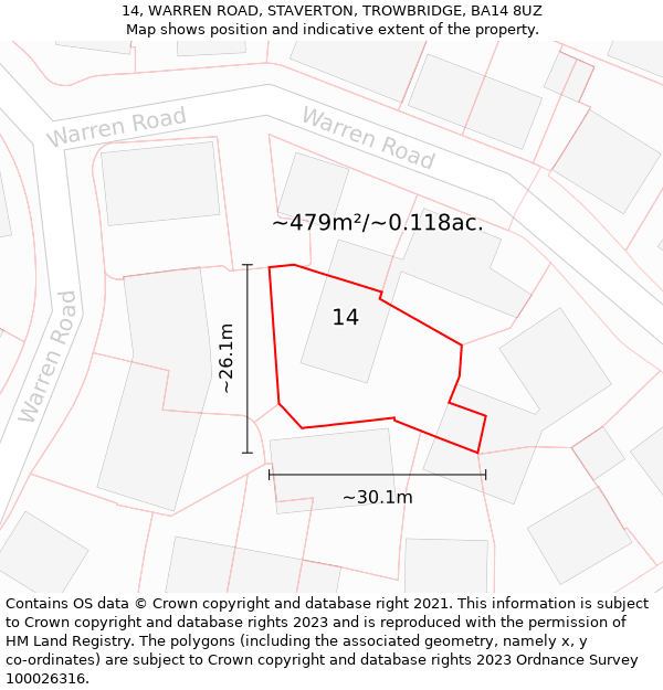 14, WARREN ROAD, STAVERTON, TROWBRIDGE, BA14 8UZ: Plot and title map