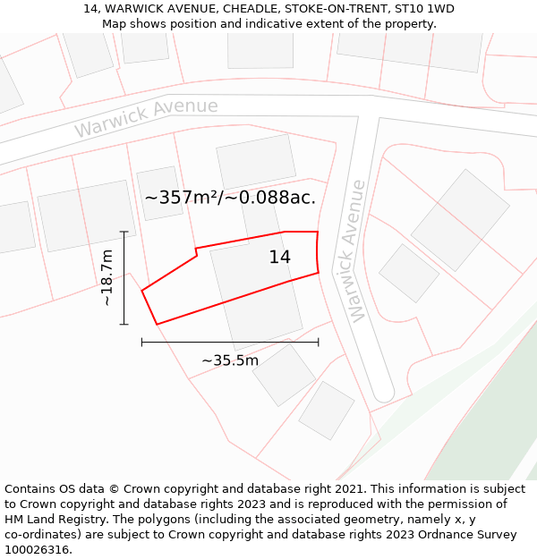 14, WARWICK AVENUE, CHEADLE, STOKE-ON-TRENT, ST10 1WD: Plot and title map