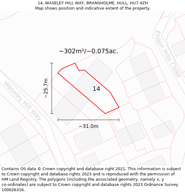 14, WASELEY HILL WAY, BRANSHOLME, HULL, HU7 4ZH: Plot and title map