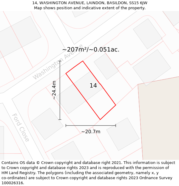 14, WASHINGTON AVENUE, LAINDON, BASILDON, SS15 6JW: Plot and title map