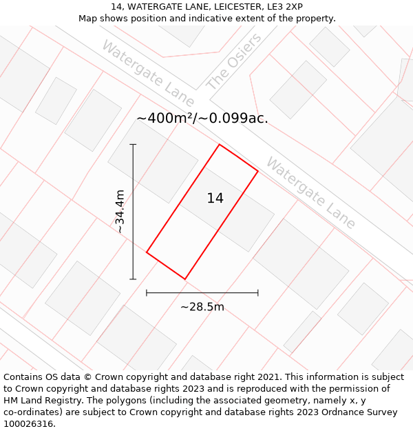 14, WATERGATE LANE, LEICESTER, LE3 2XP: Plot and title map