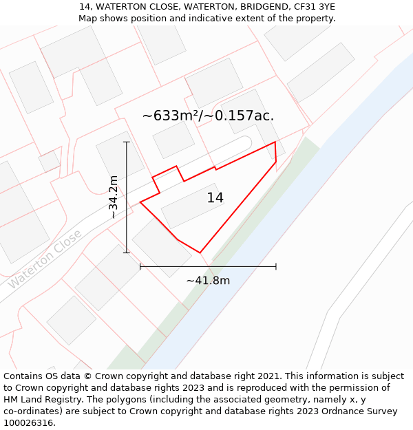 14, WATERTON CLOSE, WATERTON, BRIDGEND, CF31 3YE: Plot and title map