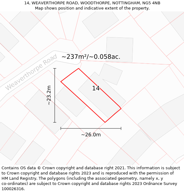 14, WEAVERTHORPE ROAD, WOODTHORPE, NOTTINGHAM, NG5 4NB: Plot and title map