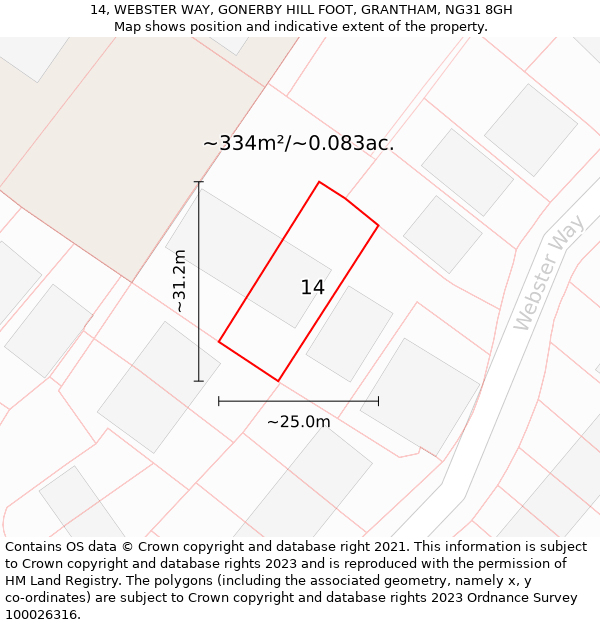 14, WEBSTER WAY, GONERBY HILL FOOT, GRANTHAM, NG31 8GH: Plot and title map