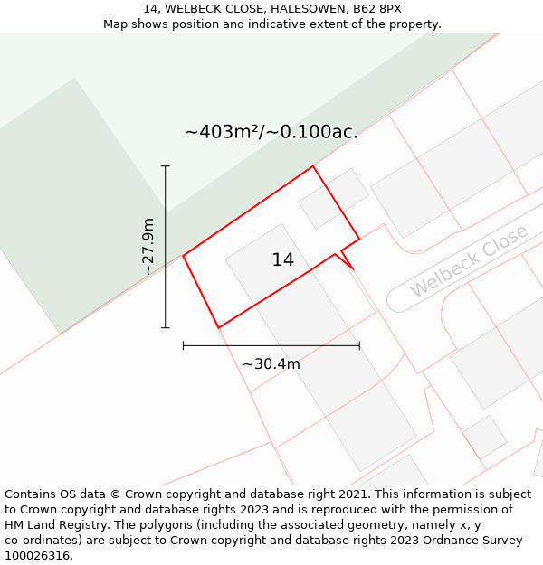 14, WELBECK CLOSE, HALESOWEN, B62 8PX: Plot and title map