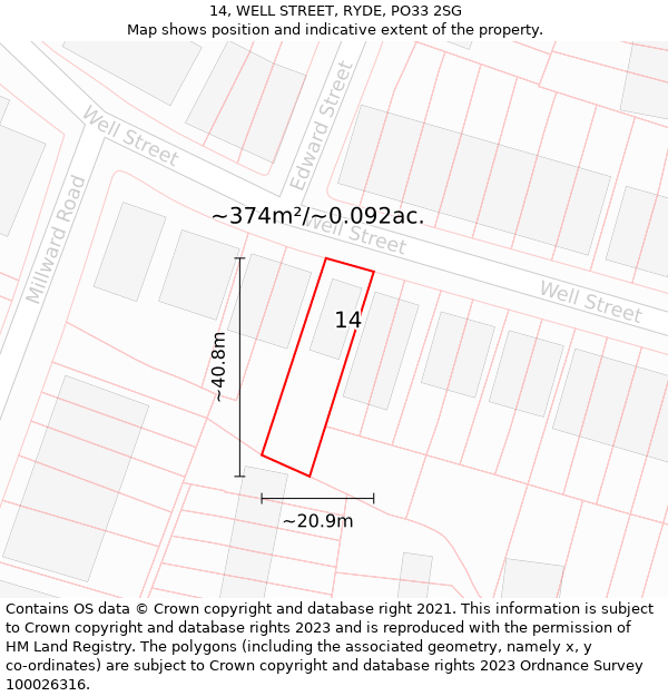 14, WELL STREET, RYDE, PO33 2SG: Plot and title map