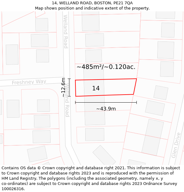 14, WELLAND ROAD, BOSTON, PE21 7QA: Plot and title map