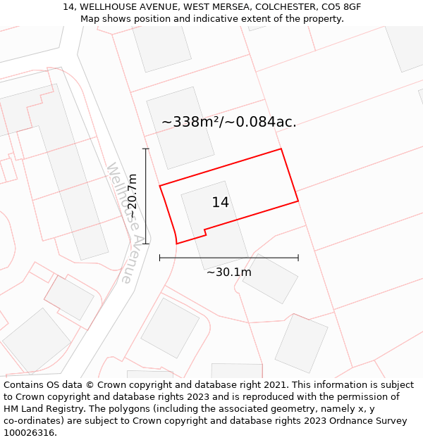 14, WELLHOUSE AVENUE, WEST MERSEA, COLCHESTER, CO5 8GF: Plot and title map