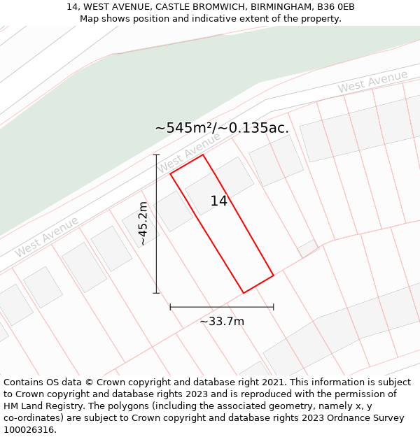 14, WEST AVENUE, CASTLE BROMWICH, BIRMINGHAM, B36 0EB: Plot and title map