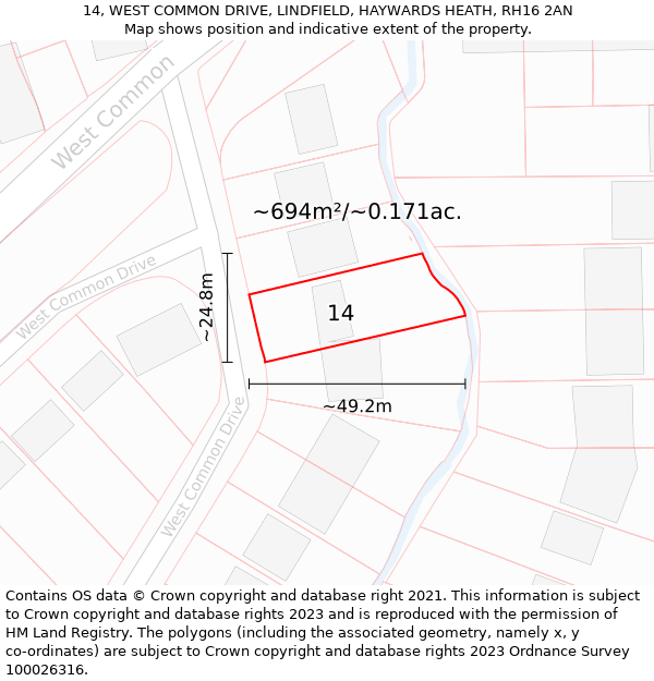 14, WEST COMMON DRIVE, LINDFIELD, HAYWARDS HEATH, RH16 2AN: Plot and title map