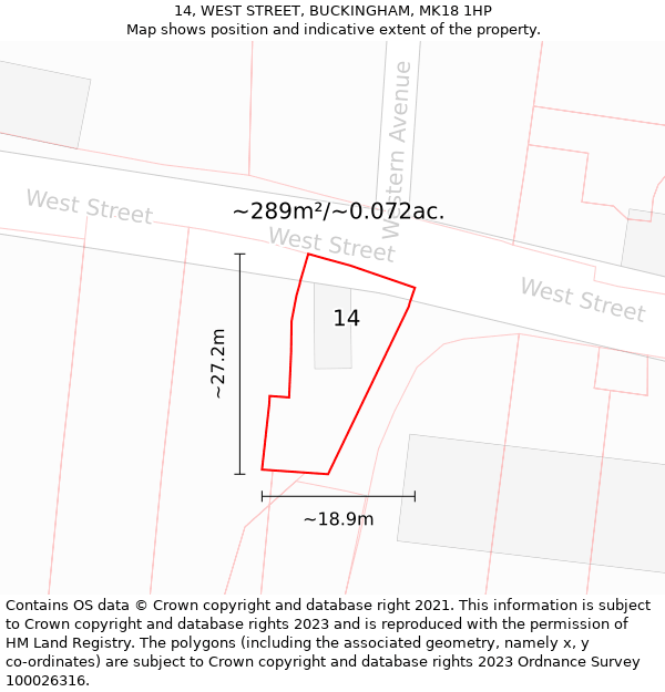 14, WEST STREET, BUCKINGHAM, MK18 1HP: Plot and title map