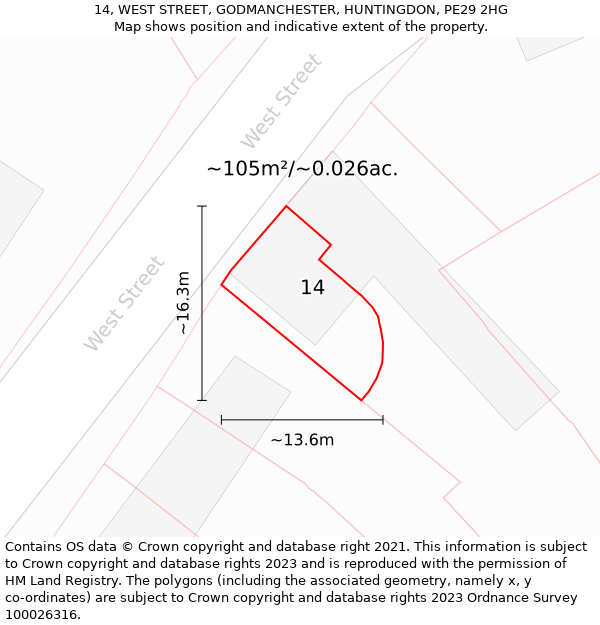 14, WEST STREET, GODMANCHESTER, HUNTINGDON, PE29 2HG: Plot and title map