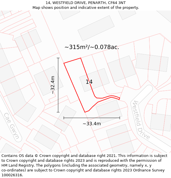 14, WESTFIELD DRIVE, PENARTH, CF64 3NT: Plot and title map