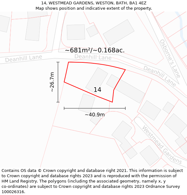 14, WESTMEAD GARDENS, WESTON, BATH, BA1 4EZ: Plot and title map