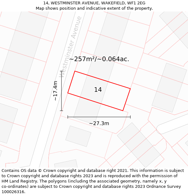 14, WESTMINSTER AVENUE, WAKEFIELD, WF1 2EG: Plot and title map