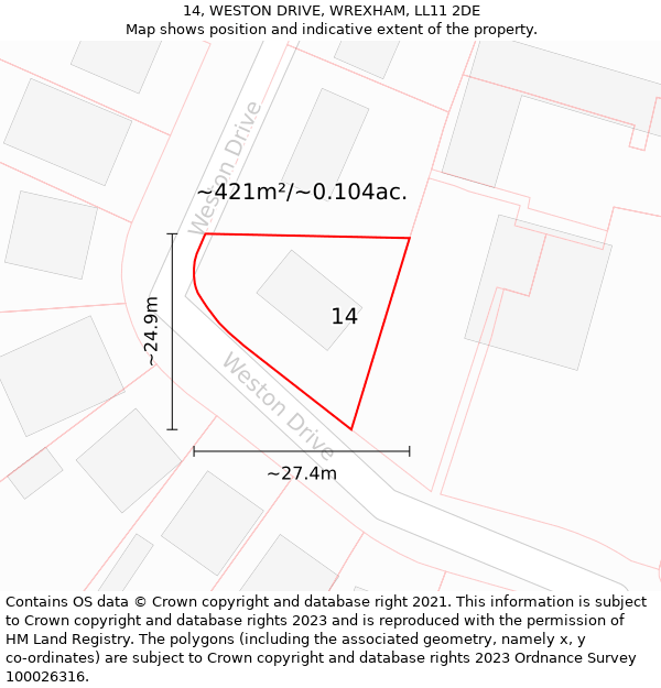 14, WESTON DRIVE, WREXHAM, LL11 2DE: Plot and title map