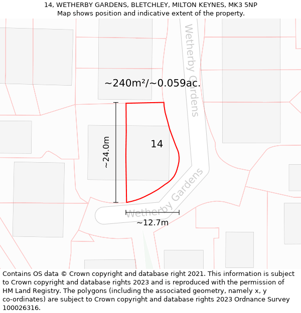 14, WETHERBY GARDENS, BLETCHLEY, MILTON KEYNES, MK3 5NP: Plot and title map