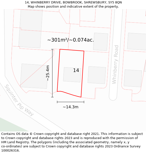 14, WHINBERRY DRIVE, BOWBROOK, SHREWSBURY, SY5 8QN: Plot and title map