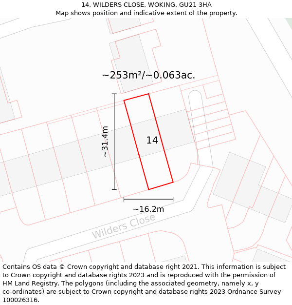 14, WILDERS CLOSE, WOKING, GU21 3HA: Plot and title map