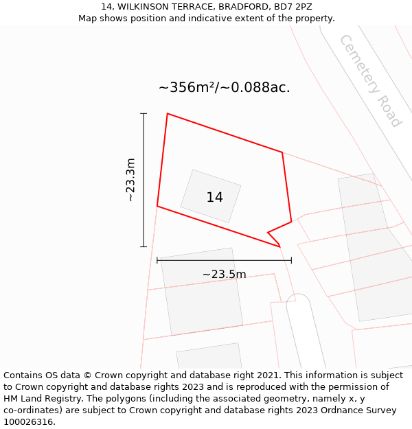 14, WILKINSON TERRACE, BRADFORD, BD7 2PZ: Plot and title map