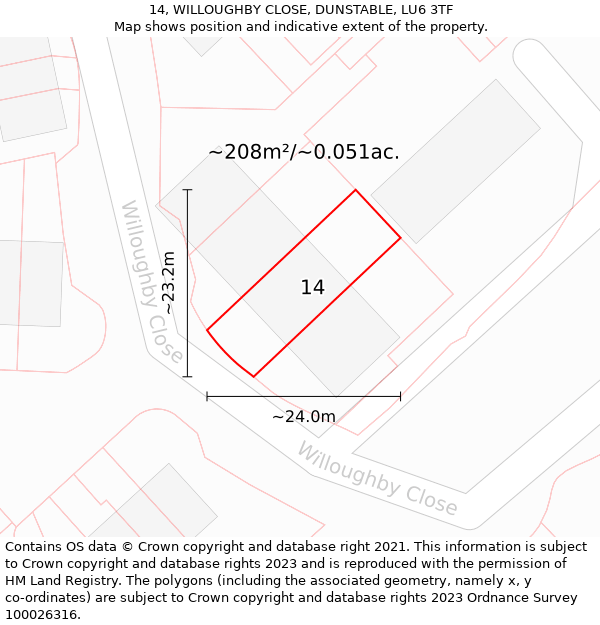 14, WILLOUGHBY CLOSE, DUNSTABLE, LU6 3TF: Plot and title map