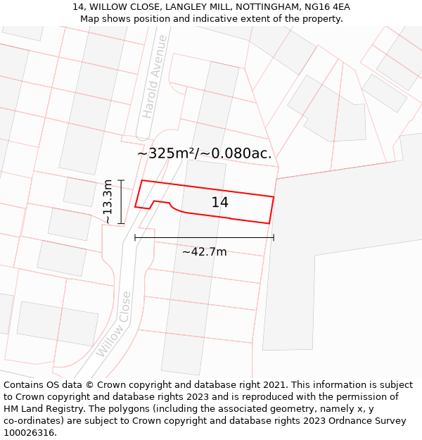 14, WILLOW CLOSE, LANGLEY MILL, NOTTINGHAM, NG16 4EA: Plot and title map