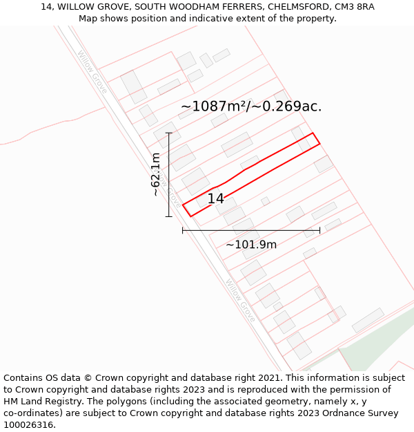 14, WILLOW GROVE, SOUTH WOODHAM FERRERS, CHELMSFORD, CM3 8RA: Plot and title map