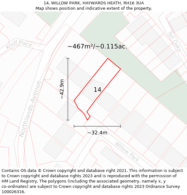 14, WILLOW PARK, HAYWARDS HEATH, RH16 3UA: Plot and title map