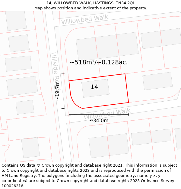 14, WILLOWBED WALK, HASTINGS, TN34 2QL: Plot and title map