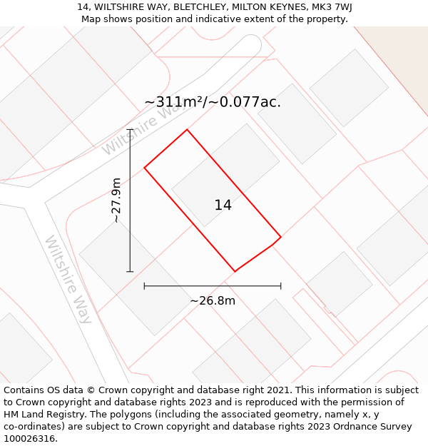 14, WILTSHIRE WAY, BLETCHLEY, MILTON KEYNES, MK3 7WJ: Plot and title map