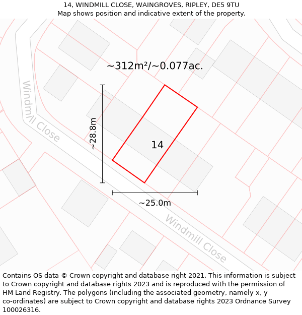 14, WINDMILL CLOSE, WAINGROVES, RIPLEY, DE5 9TU: Plot and title map