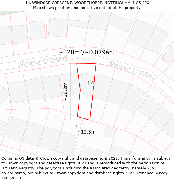 14, WINDSOR CRESCENT, WOODTHORPE, NOTTINGHAM, NG5 4PX: Plot and title map