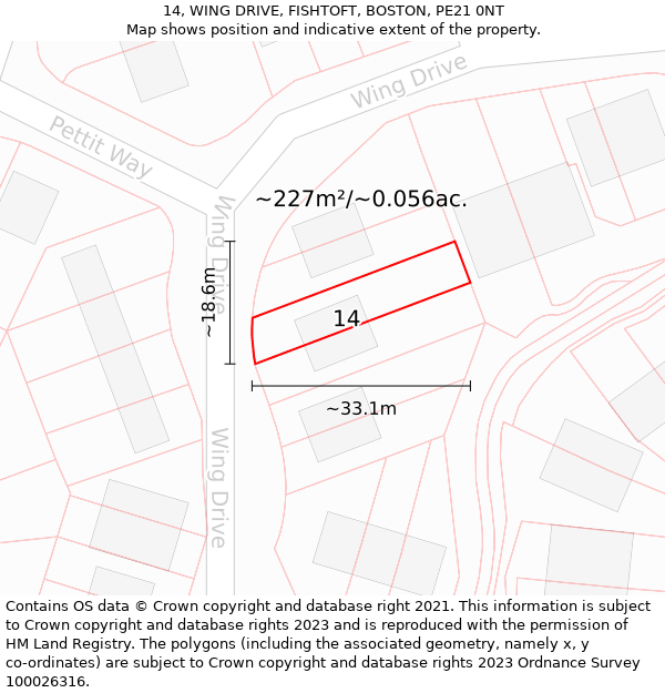 14, WING DRIVE, FISHTOFT, BOSTON, PE21 0NT: Plot and title map