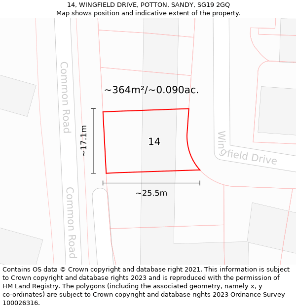 14, WINGFIELD DRIVE, POTTON, SANDY, SG19 2GQ: Plot and title map
