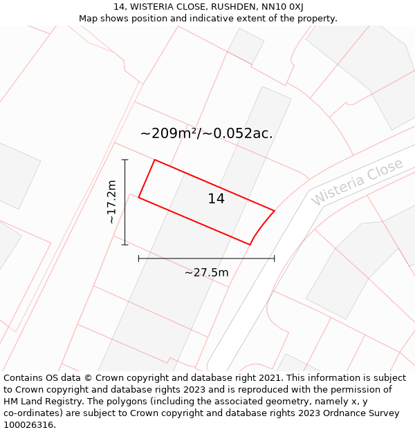 14, WISTERIA CLOSE, RUSHDEN, NN10 0XJ: Plot and title map