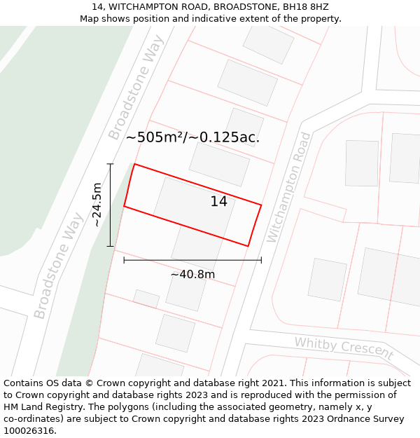 14, WITCHAMPTON ROAD, BROADSTONE, BH18 8HZ: Plot and title map