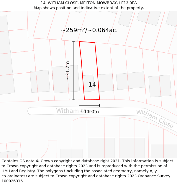 14, WITHAM CLOSE, MELTON MOWBRAY, LE13 0EA: Plot and title map