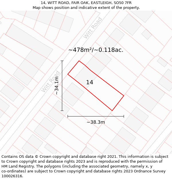 14, WITT ROAD, FAIR OAK, EASTLEIGH, SO50 7FR: Plot and title map