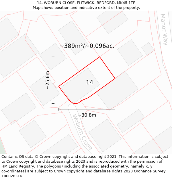 14, WOBURN CLOSE, FLITWICK, BEDFORD, MK45 1TE: Plot and title map