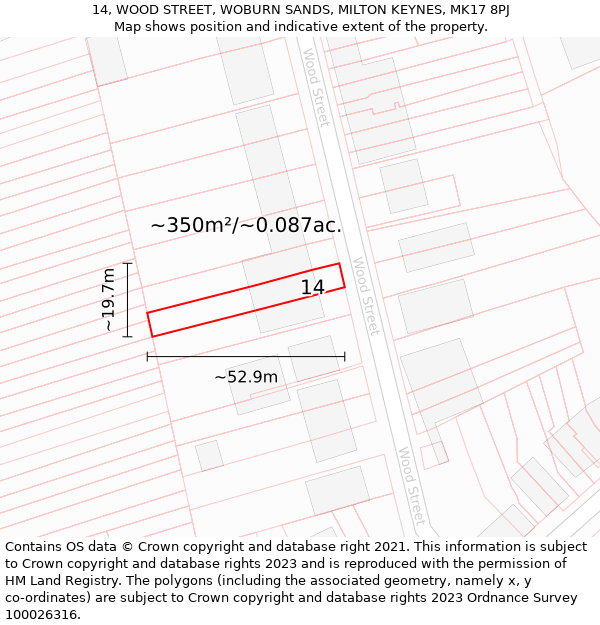 14, WOOD STREET, WOBURN SANDS, MILTON KEYNES, MK17 8PJ: Plot and title map