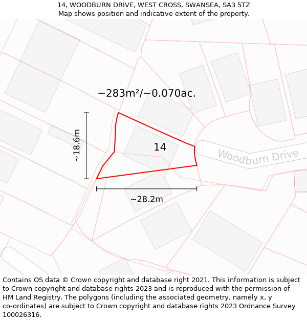 14, WOODBURN DRIVE, WEST CROSS, SWANSEA, SA3 5TZ: Plot and title map