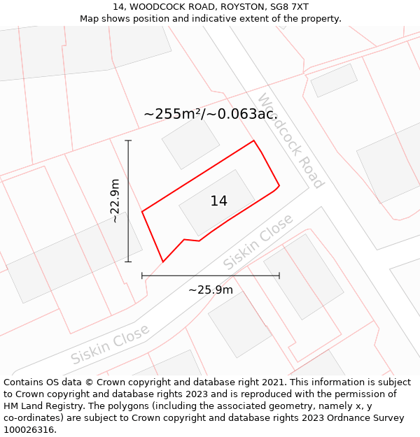 14, WOODCOCK ROAD, ROYSTON, SG8 7XT: Plot and title map