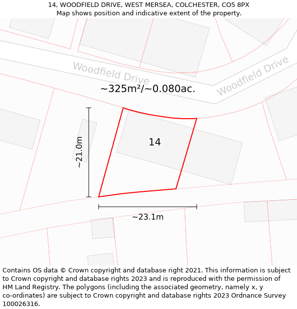 14, WOODFIELD DRIVE, WEST MERSEA, COLCHESTER, CO5 8PX: Plot and title map