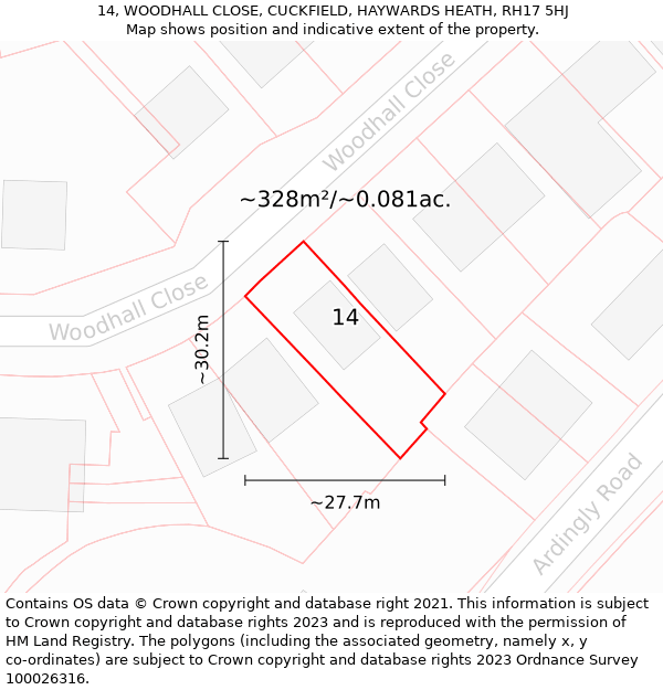 14, WOODHALL CLOSE, CUCKFIELD, HAYWARDS HEATH, RH17 5HJ: Plot and title map