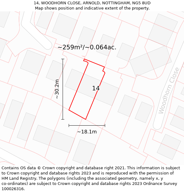 14, WOODHORN CLOSE, ARNOLD, NOTTINGHAM, NG5 8UD: Plot and title map