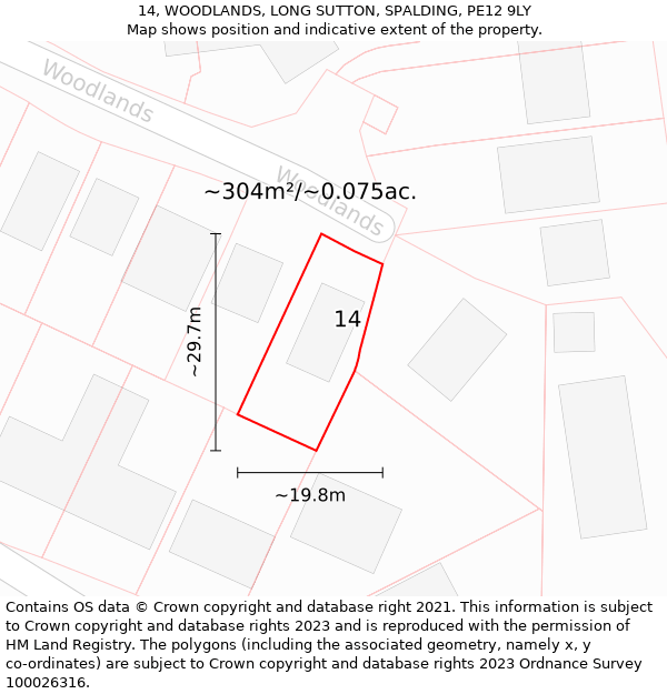 14, WOODLANDS, LONG SUTTON, SPALDING, PE12 9LY: Plot and title map