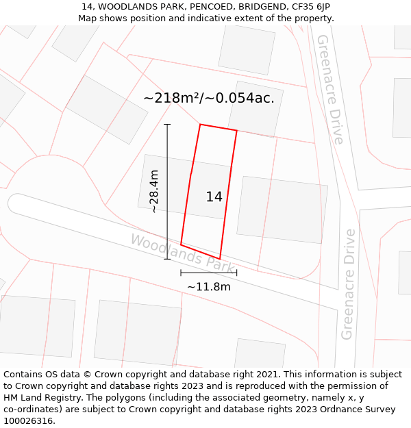 14, WOODLANDS PARK, PENCOED, BRIDGEND, CF35 6JP: Plot and title map