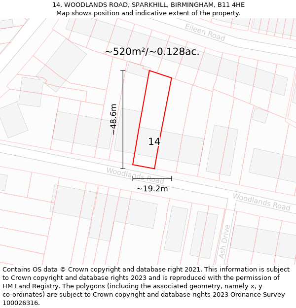 14, WOODLANDS ROAD, SPARKHILL, BIRMINGHAM, B11 4HE: Plot and title map